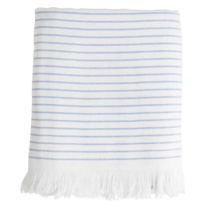 Large towel with blue/white stripes and fringes. | Products | Tine K Home